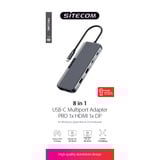 Sitecom 8 in 1 USB-C Power Delivery Multiport Adapter Pro 1x HDMI 1x DP dockingstation Zwart
