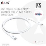 Club 3D Gecertificeerde USB-C kabel Wit, 1,2 meter, 240 W