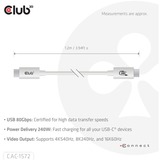 Club 3D USB-C 80Gbps Certified 240W 8k 240Hz kabel Wit, 1.2m