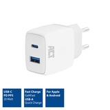 ACT Connectivity USB-C & USB-A lader 20W met Power Delivery PPS, Quick Charge, GaNFast oplader Wit