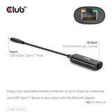 Club 3D USB-C naar RJ45 5Gbps Ethernet M/F adapter Zwart