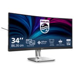 Philips 34B2U5900C/00 34" 4K Ultra HD UltraWide monitor Zilver, 1x DisplayPort, 2x HDMI, 2x USB-C, 2x USB-A, 1x RJ-45, 120 Hz / 240 Hz