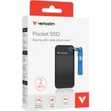 Verbatim Pocket 2 TB externe SSD Zwart/blauw, USB-C 3.2 Gen 2 (10 Gbit/s), Incl. met sleutelhanger en kabelbevestiging