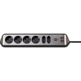 Brennenstuhl estilo hoekstopcontact 4-voudig 6-voudige stekkerdoos met usb Zwart/roestvrij staal, 6x stekker, 2x USB-A