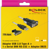 DeLOCK Adapter USB 2.0 Type-A > 1 x Serial DB9 RS-232 + Adapter DB25 1.8 meter