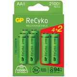 GP Batteries Oplaadbaar Recyko 210AAHC NiMH AA batterijen, 6 stuks oplaadbare batterij 1.2V, 2100 mAh