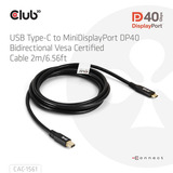 Club 3D USB-C naar MiniDisplayPort DP40 bidirectioneel adapter Zwart, 2 meter, Vesa-gecertificeerd