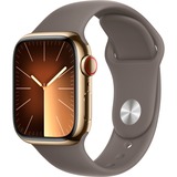 Apple Watch Series 9 smartwatch Goud/bruin, Roestvrij staal, 41 mm, Sportbandje (S/M), GPS + Cellular