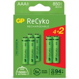 GP Batteries Oplaadbaar ReCyko+ NiMH AAA batterijen, 6 stuks oplaadbare batterij 850mAh, 1.2V