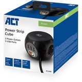 ACT Connectivity Stekkerdoos cube met 3 stopcontacten, USB-A-poorten, 1,5m stekkerdoos Zwart