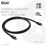 Club 3D Gecertificeerde USB-C kabel Zwart, 1,2 meter, 8K, 240 W