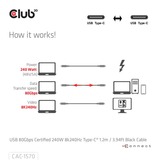 Club 3D USB-C 80Gbps Certified 240W 8k 240Hz kabel Zwart, 1.2m