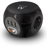 Ewent Kubusvormige stekkerdoos 3x inclusief 3 USB-poorten, 1.5m Zwart
