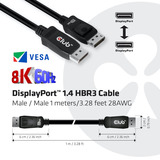 Club 3D Displayport 1.4 VESA gecertificeerde kabel male-male Zwart, 1 meter, 8K 60Hz of 2x 4K 60Hz, 32.4Gbps