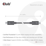 Club 3D Thunderbolt 5 Gecertificeerde 8K240Hz kabel Zwart, Data 80/120 Gbps, EPR 240 Watt,1 meter