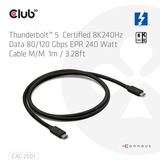 Club 3D Thunderbolt 5 Gecertificeerde 8K240Hz kabel Zwart, Data 80/120 Gbps, EPR 240 Watt,1 meter