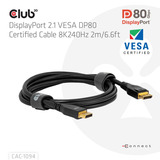 Club 3D Displayport 2.1 VESA DP80 gecertificeerde kabel male-male Zwart, 2 meter, 8K 240Hz, 10K 60Hz, 80Gbps