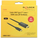 DeLOCK USB-C naar HDMI kabel Zwart, 2 meter, 4K 30 Hz, DP Alt Mode