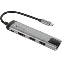 Verbatim USB 3.2 Gen 1 multiport hub, USB-C > 2x USB-A + USB-C + HDMI + RJ-45 usb-hub Zilver/zwart, PD, opladen tot 100 watt