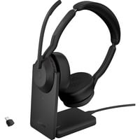 Jabra Evolve2 55 - Link390c MS stereo met oplaadhouder on-ear headset Zwart, Stereo, Microsoft Teams, USB-C, Link380c
