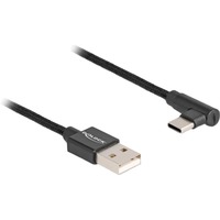 DeLOCK USB-A 2.0 male > USB-C male kabel Zwart, 2 meter, gesleeved, 90°