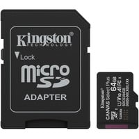 Kingston Canvas Select Plus 64 GB MicroSDXC geheugenkaart Zwart, UHS-I U1, Class 10, V10, Incl. SD Adapter