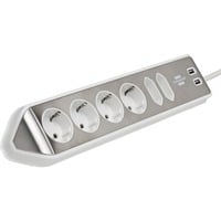 Brennenstuhl Estilo hoekstopcontact 4-voudig met USB-oplaadfunctie 6-voudige stekkerdoos met usb Wit/roestvrij staal, 6x stekker, 2x USB-A