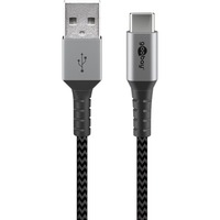 goobay USB-C naar USB-A textielkabel met metalen aansluitingen Grijs/zilver, 1 meter