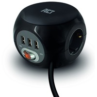 ACT Connectivity Stekkerdoos cube met 3 stopcontacten, USB-A-poorten, 1,5m stekkerdoos Zwart