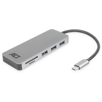 ACT Connectivity USB-C hub 3.0, 3x USB-A, cardreader, PD pass-through dockingstation Grijs