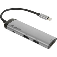 Verbatim USB 3.2 Gen 1 multiport hub, USB-C > 2x USB-A + USB-C + HDMI usb-hub Zilver/zwart, PD, opladen tot 100 watt