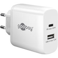 goobay 65W GaN USB-C PD Dual Fast Charger Wit, 1x USB-C, 1x USB-A