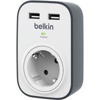 Belkin BSV103 SurgeCube-spanningsbeveiliger met 1 stopcontact en 2 USB-poorten stekkerdoos Grijs/wit