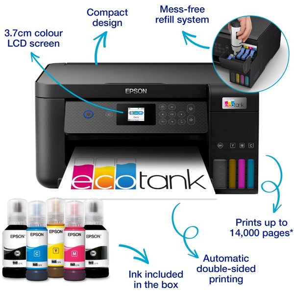 Epson EcoTank ET2850 allinone inkjetprinter Zwart, Afdruk, Scan, Kopie, USB, WiFi