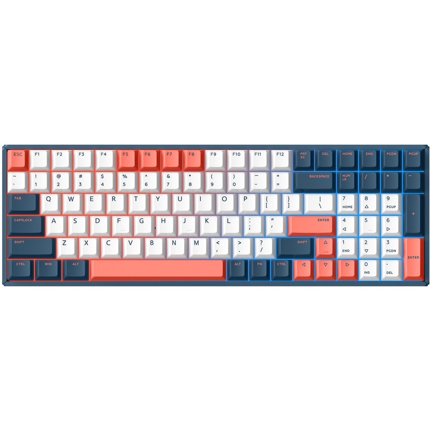 Iqunix F97 Coral Sea Wireless Mechanical Keyboard, gaming toetsenbord Donkerblauw/koraal, US lay-out, IQUNIX Moonstone Turbo, RGB leds, 96%, Hot-swappable, PBT, 2.4GHz | Bluetooth 5.1 | USB-C